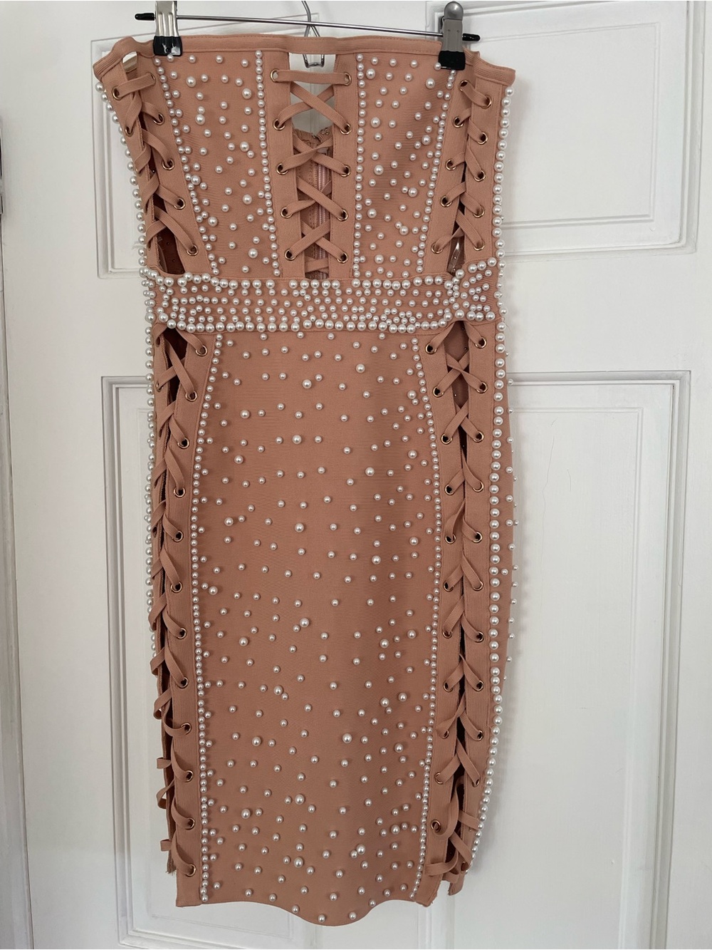 NWT Fashion Nova Beaded Lace-Up Nude Bodycon Dress-Size M